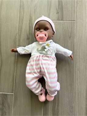 JC Berenguer  Baby Doll in Pink & White Striped Outfit with Elephant Detail